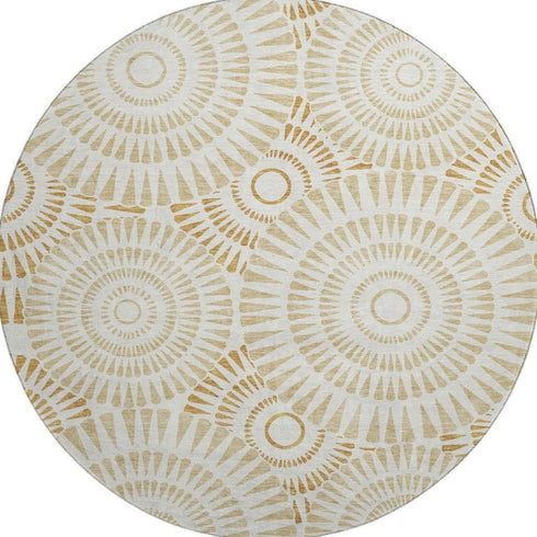 8' Gold And Ivory Geometric Washable Round Rug With UV Protection