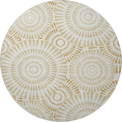 8' Gold And Ivory Geometric Washable Round Rug With UV Protection