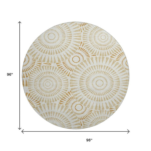 8' Gold And Ivory Geometric Washable Round Rug With UV Protection