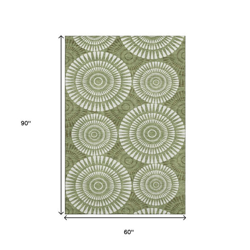 5' X 8' Green And Ivory Geometric Washable Area Rug With UV Protection
