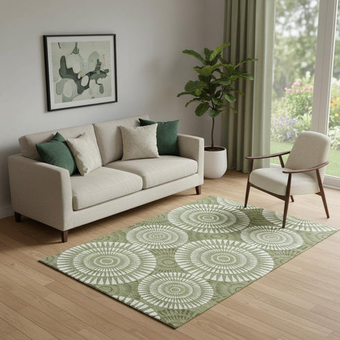5' X 8' Green And Ivory Geometric Washable Area Rug With UV Protection