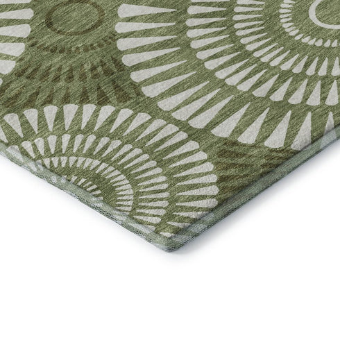 5' X 8' Green And Ivory Geometric Washable Area Rug With UV Protection