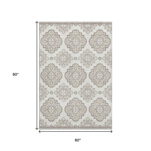 5' X 8' Ivory And Beige Medallion Washable Area Rug With UV Protection