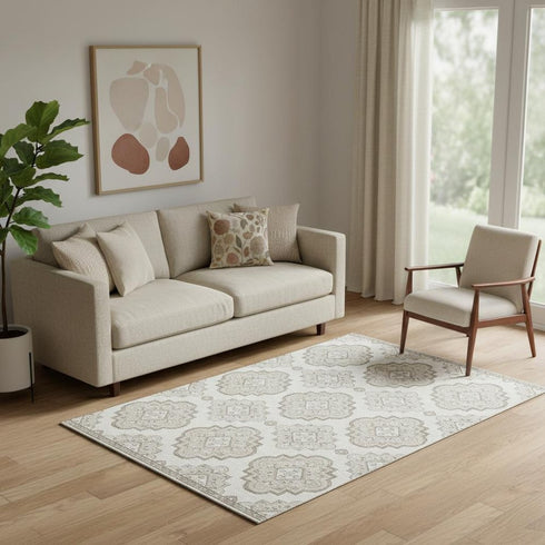 5' X 8' Ivory And Beige Medallion Washable Area Rug With UV Protection