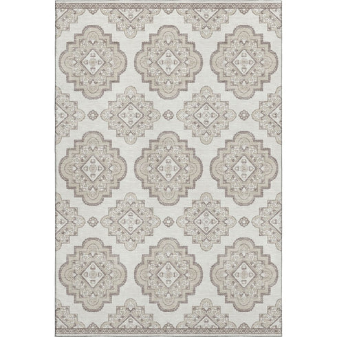 5' X 8' Ivory And Beige Medallion Washable Area Rug With UV Protection