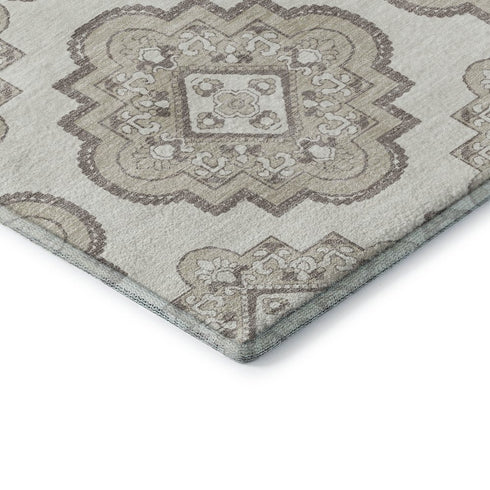 5' X 8' Ivory And Beige Medallion Washable Area Rug With UV Protection