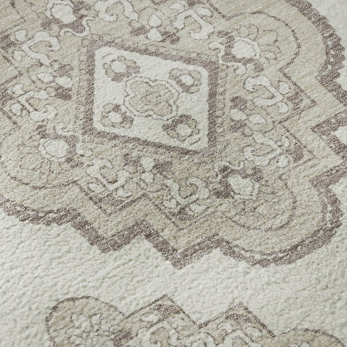 5' X 8' Ivory And Beige Medallion Washable Area Rug With UV Protection
