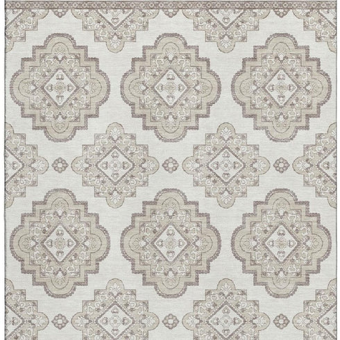 5' X 8' Ivory And Beige Medallion Washable Area Rug With UV Protection