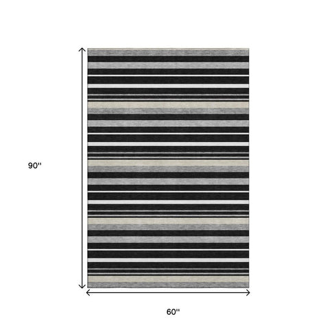 5' X 8' Black Ivory And Gray Striped Washable Area Rug With UV Protection