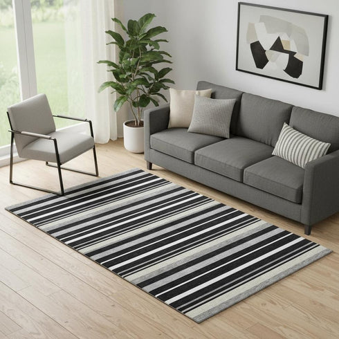 5' X 8' Black Ivory And Gray Striped Washable Area Rug With UV Protection