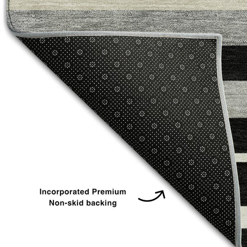 5' X 8' Black Ivory And Gray Striped Washable Area Rug With UV Protection