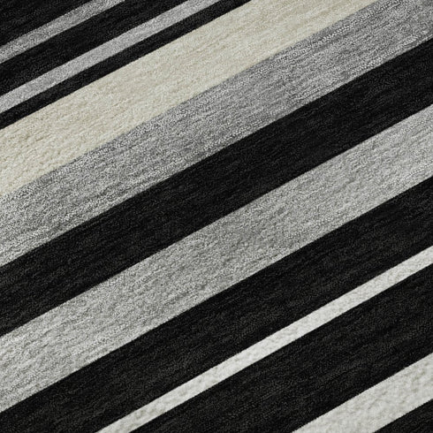 5' X 8' Black Ivory And Gray Striped Washable Area Rug With UV Protection