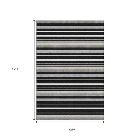 8' X 10' Black Ivory And Gray Striped Washable Area Rug With UV Protection