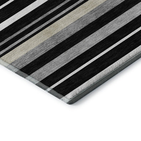 8' X 10' Black Ivory And Gray Striped Washable Area Rug With UV Protection