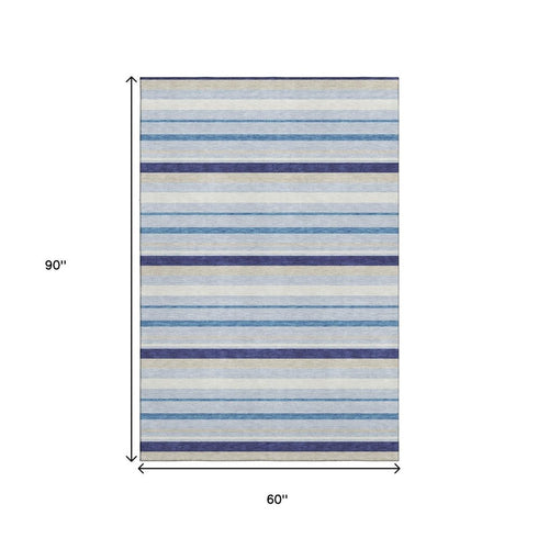 5' X 8' Blue Ivory And Beige Striped Washable Area Rug With UV Protection