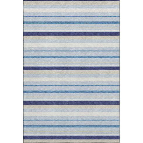 5' X 8' Blue Ivory And Beige Striped Washable Area Rug With UV Protection