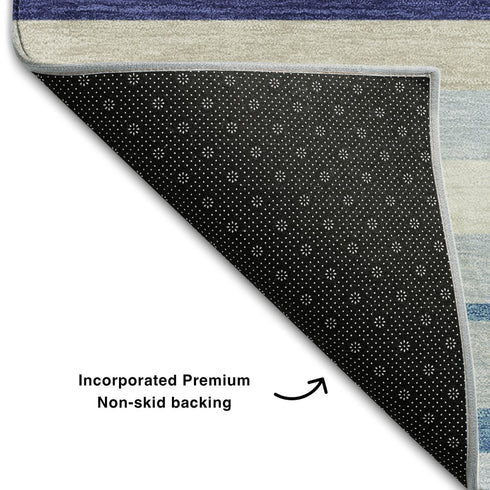 5' X 8' Blue Ivory And Beige Striped Washable Area Rug With UV Protection