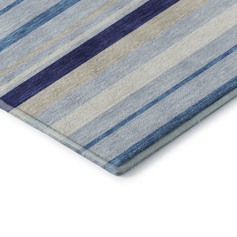 5' X 8' Blue Ivory And Beige Striped Washable Area Rug With UV Protection