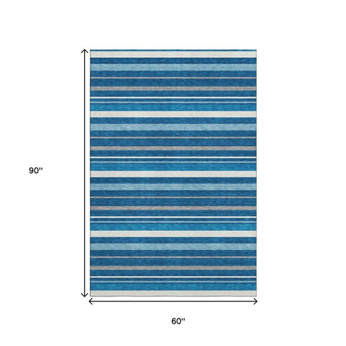 5' X 8' Denim Blue Ivory And Gray Striped Washable Area Rug With UV Protection