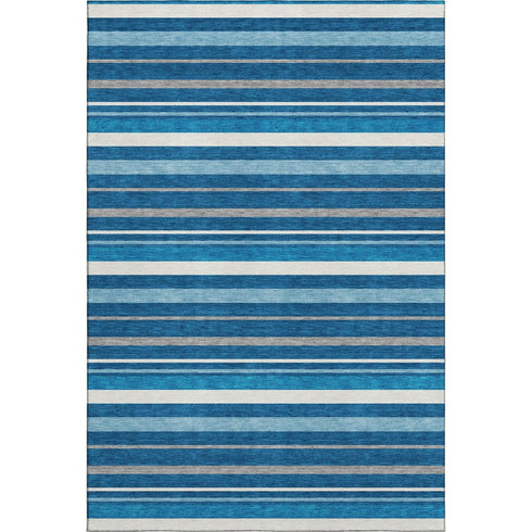 5' X 8' Denim Blue Ivory And Gray Striped Washable Area Rug With UV Protection
