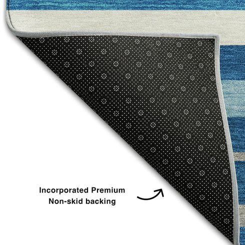 5' X 8' Denim Blue Ivory And Gray Striped Washable Area Rug With UV Protection
