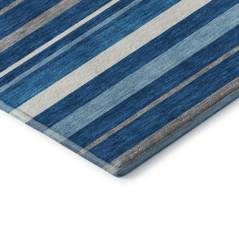 5' X 8' Denim Blue Ivory And Gray Striped Washable Area Rug With UV Protection