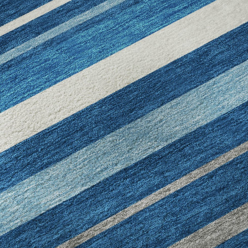 5' X 8' Denim Blue Ivory And Gray Striped Washable Area Rug With UV Protection