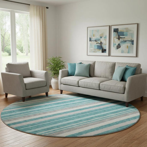 8' Teal Ivory And Gray Striped Washable Round Rug With UV Protection