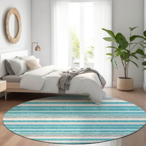 8' Teal Ivory And Gray Striped Washable Round Rug With UV Protection