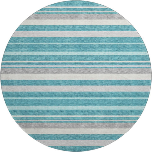 8' Teal Ivory And Gray Striped Washable Round Rug With UV Protection