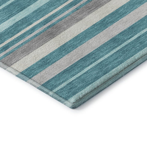 8' Teal Ivory And Gray Striped Washable Round Rug With UV Protection