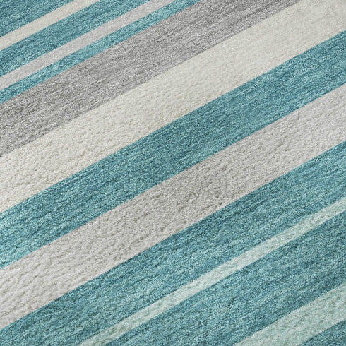 8' Teal Ivory And Gray Striped Washable Round Rug With UV Protection