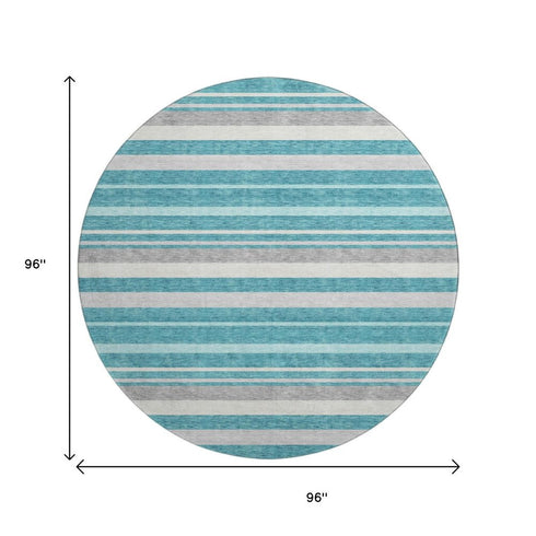 8' Teal Ivory And Gray Striped Washable Round Rug With UV Protection