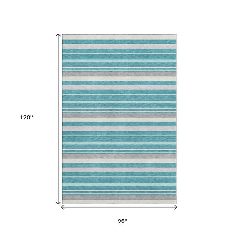 8' X 10' Teal Ivory And Gray Striped Washable Area Rug With UV Protection