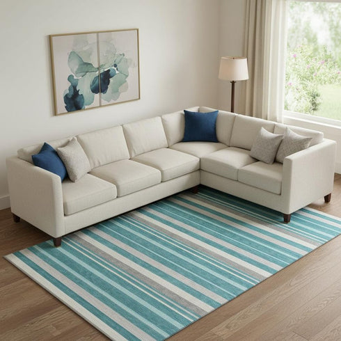 8' X 10' Teal Ivory And Gray Striped Washable Area Rug With UV Protection