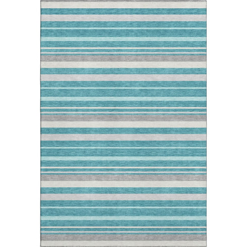 8' X 10' Teal Ivory And Gray Striped Washable Area Rug With UV Protection