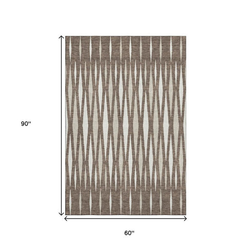5' X 8' Brown And Ivory Geometric Washable Area Rug With UV Protection