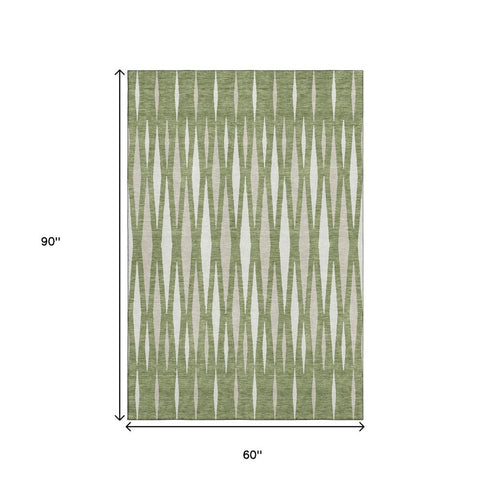 5' X 8' Green And Ivory Geometric Washable Area Rug With UV Protection