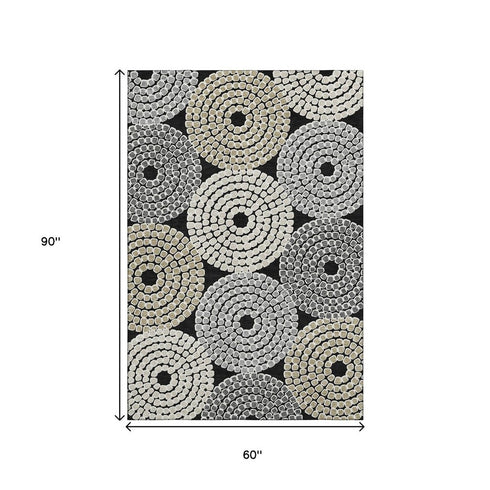 5' X 8' Black Beige And Ivory Geometric Washable Area Rug With UV Protection