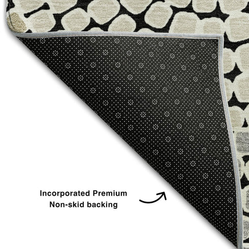 5' X 8' Black Beige And Ivory Geometric Washable Area Rug With UV Protection