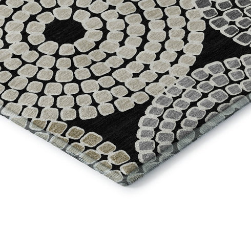 5' X 8' Black Beige And Ivory Geometric Washable Area Rug With UV Protection