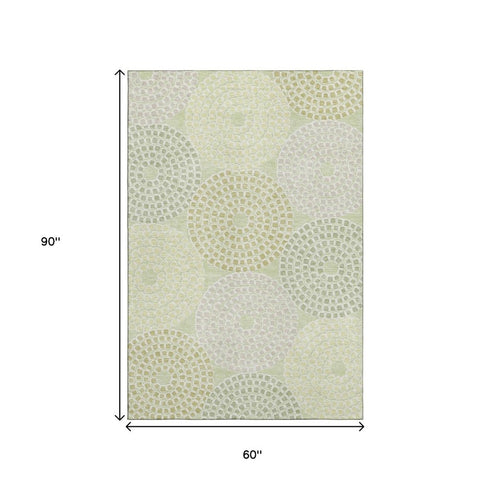 5' X 8' Mint Green Gray And Olive Green Geometric Washable Area Rug With UV Protection