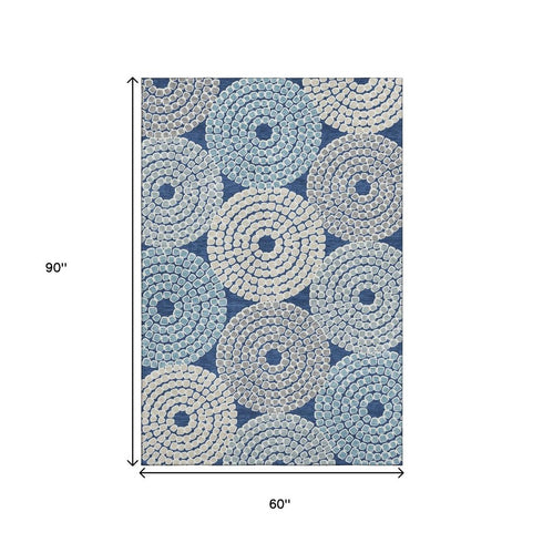 5' X 8' Navy Blue Gray And Beige Geometric Washable Area Rug With UV Protection