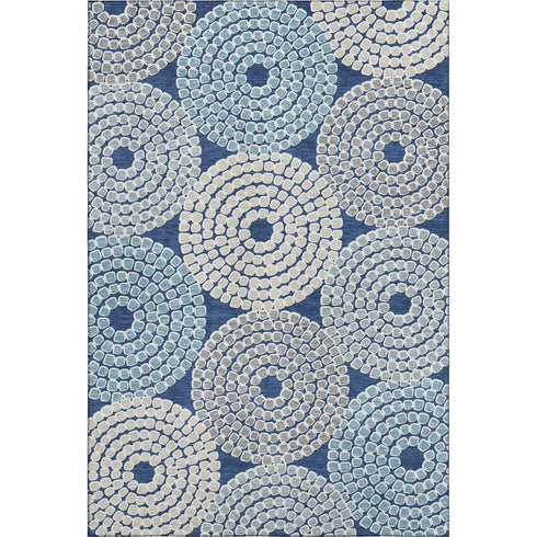 5' X 8' Navy Blue Gray And Beige Geometric Washable Area Rug With UV Protection