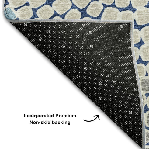 5' X 8' Navy Blue Gray And Beige Geometric Washable Area Rug With UV Protection