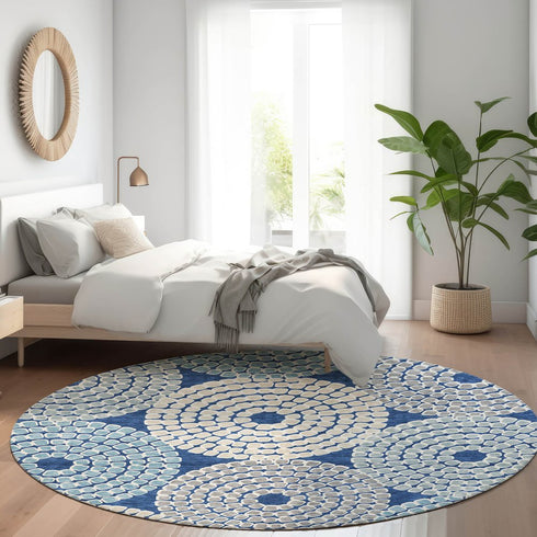 8' Navy Blue Gray And Beige Geometric Washable Round Rug With UV Protection