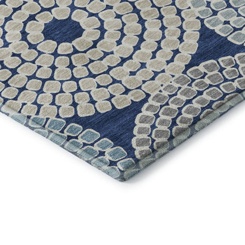 8' Navy Blue Gray And Beige Geometric Washable Round Rug With UV Protection