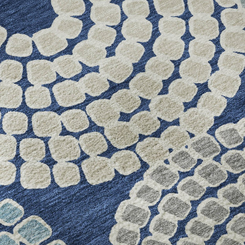 8' Navy Blue Gray And Beige Geometric Washable Round Rug With UV Protection