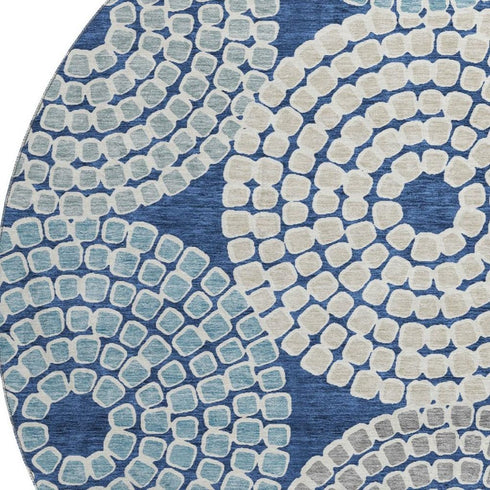 8' Navy Blue Gray And Beige Geometric Washable Round Rug With UV Protection