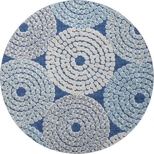 8' Navy Blue Gray And Beige Geometric Washable Round Rug With UV Protection